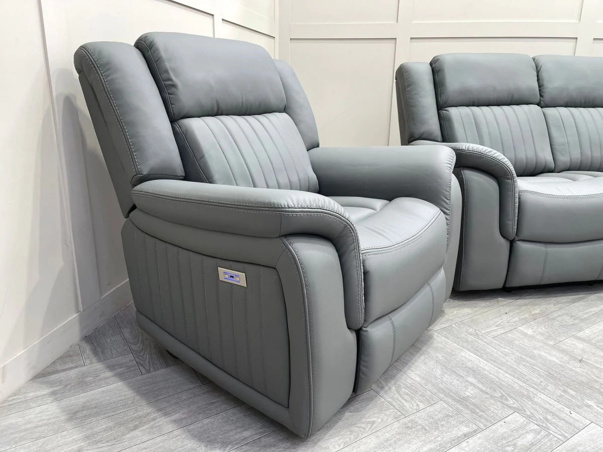 Domino Power Reclining 3 Seater Sofa & 2 Armchairs, Dark Grey Leather - Image 12