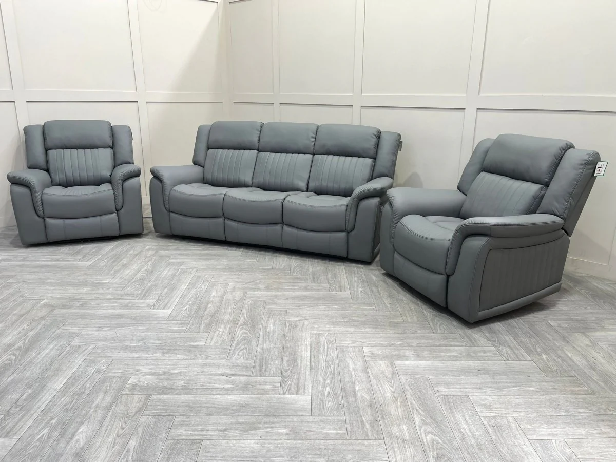Domino Power Reclining 3 Seater Sofa & 2 Armchairs, Dark Grey Leather - Image 16