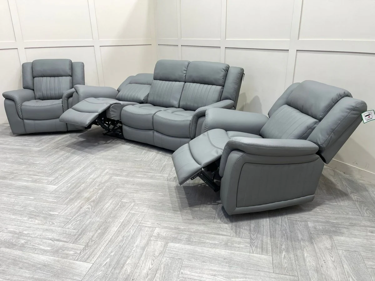 Domino Power Reclining 3 Seater Sofa & 2 Armchairs, Dark Grey Leather - Image 3