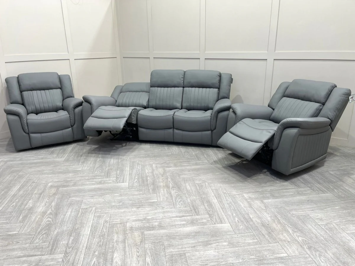 Domino Power Reclining 3 Seater Sofa & 2 Armchairs, Dark Grey Leather - Image 9
