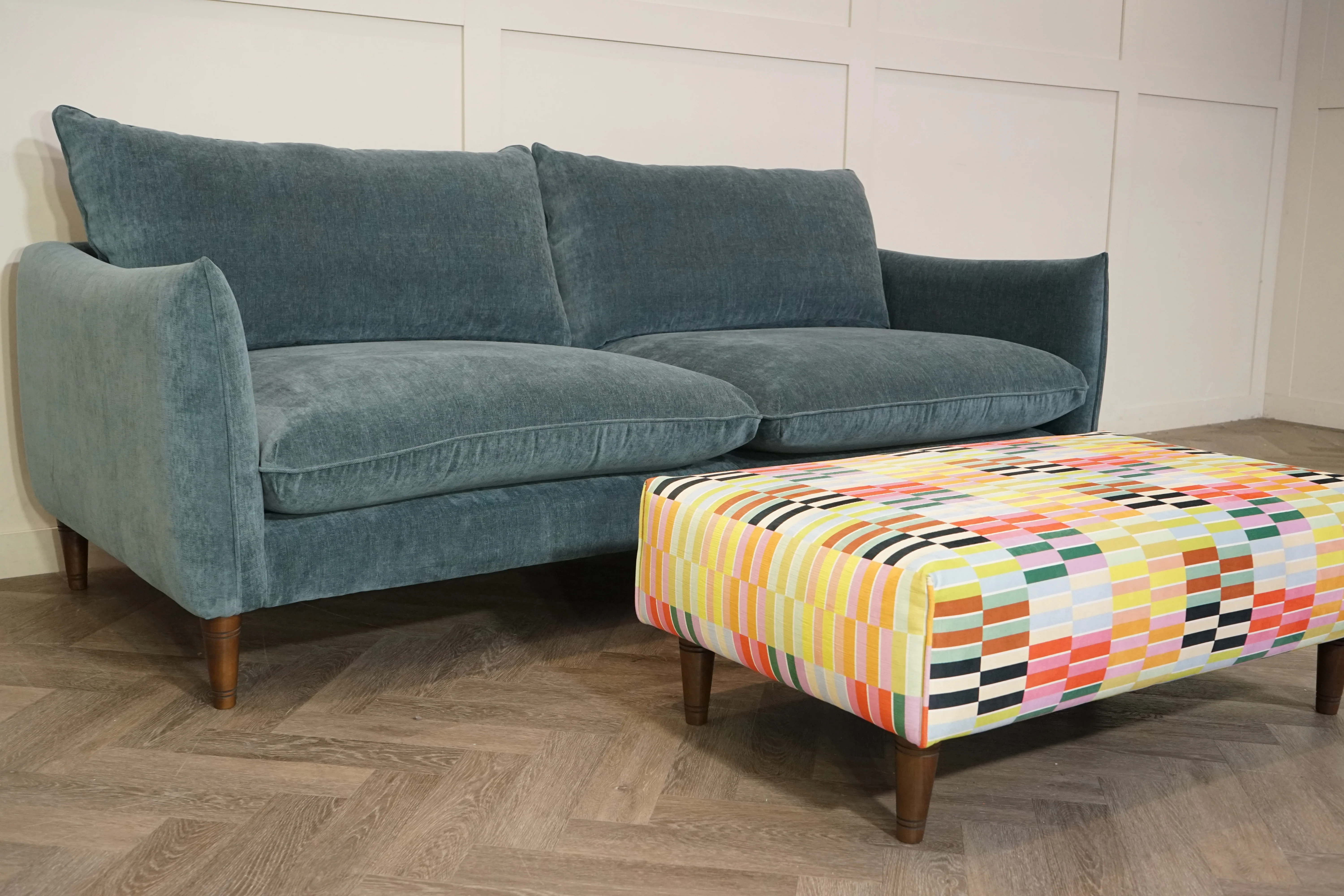 Glenmore 3 Seater Sofa & Contrast Footstool, Soft Chenille Topaz / Patterned - Image 5