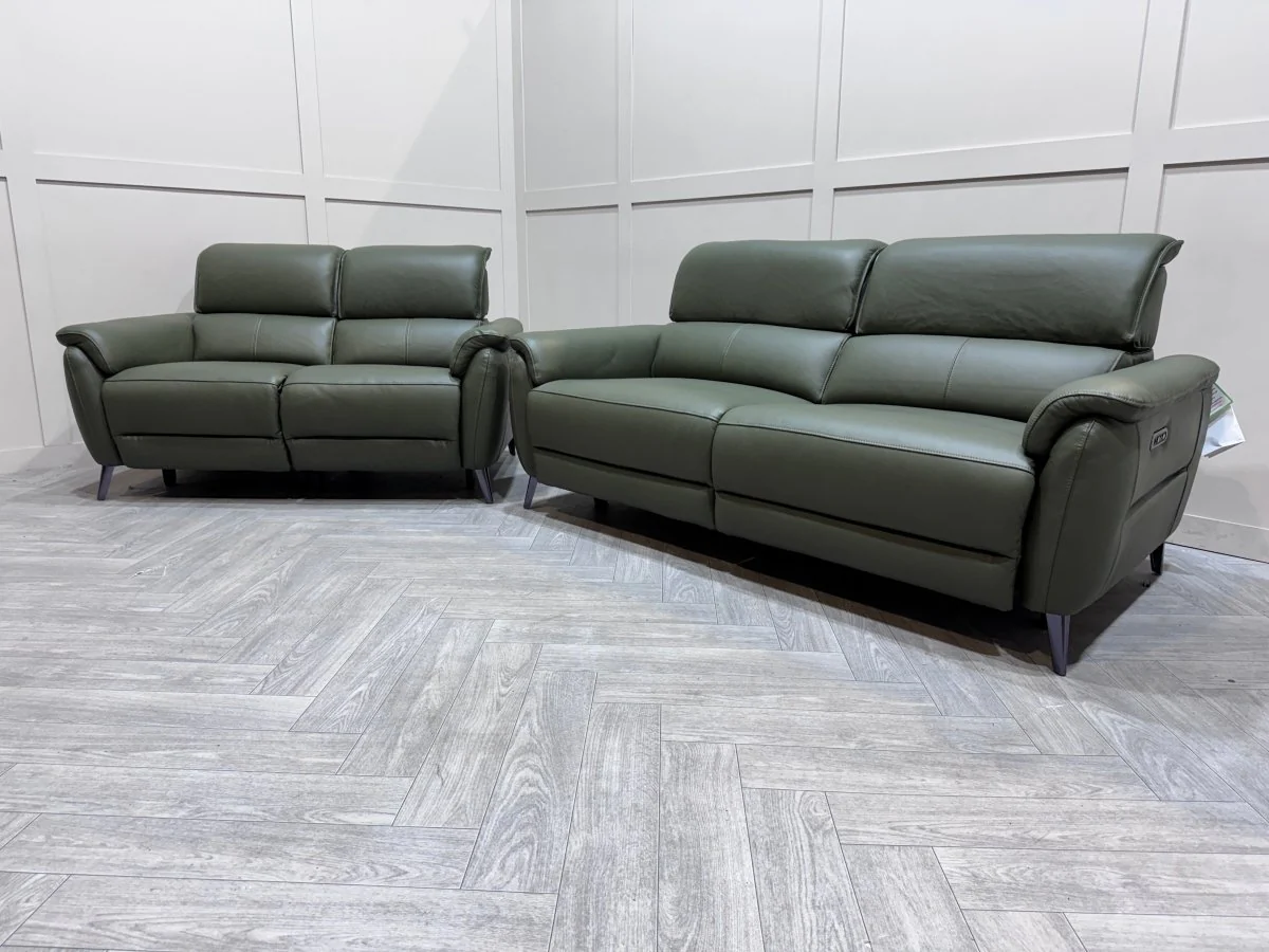 Jade 3 + 2 Seater Leather Power Reclining Sofa with Telescopic Headrests, Pine - Image 5