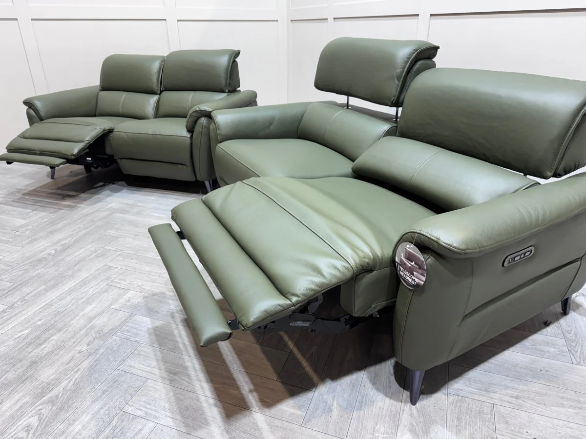 Jade 3 + 2 Seater Leather Power Reclining Sofa with Telescopic Headrests, Pine - Image 6