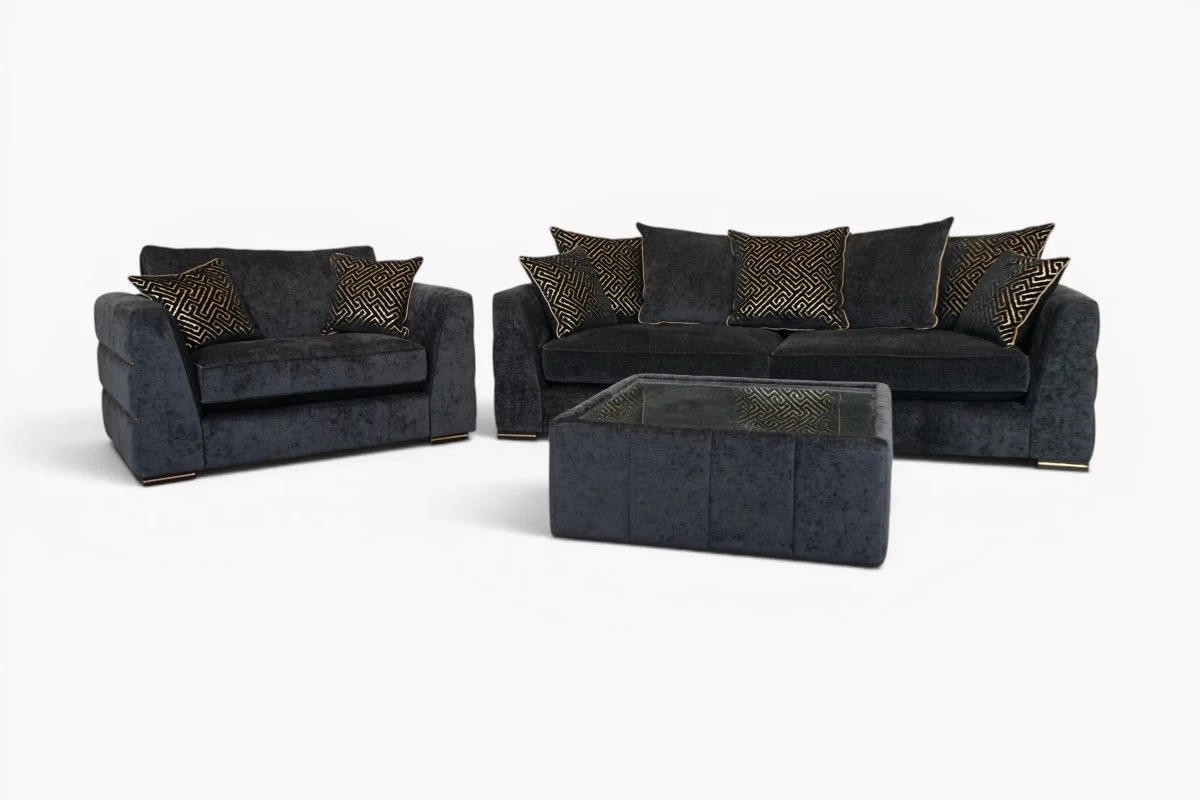Magnifico 4 Seater Sofa & Snuggler, Black  / Gold Mix Chenille FREE Footstool
