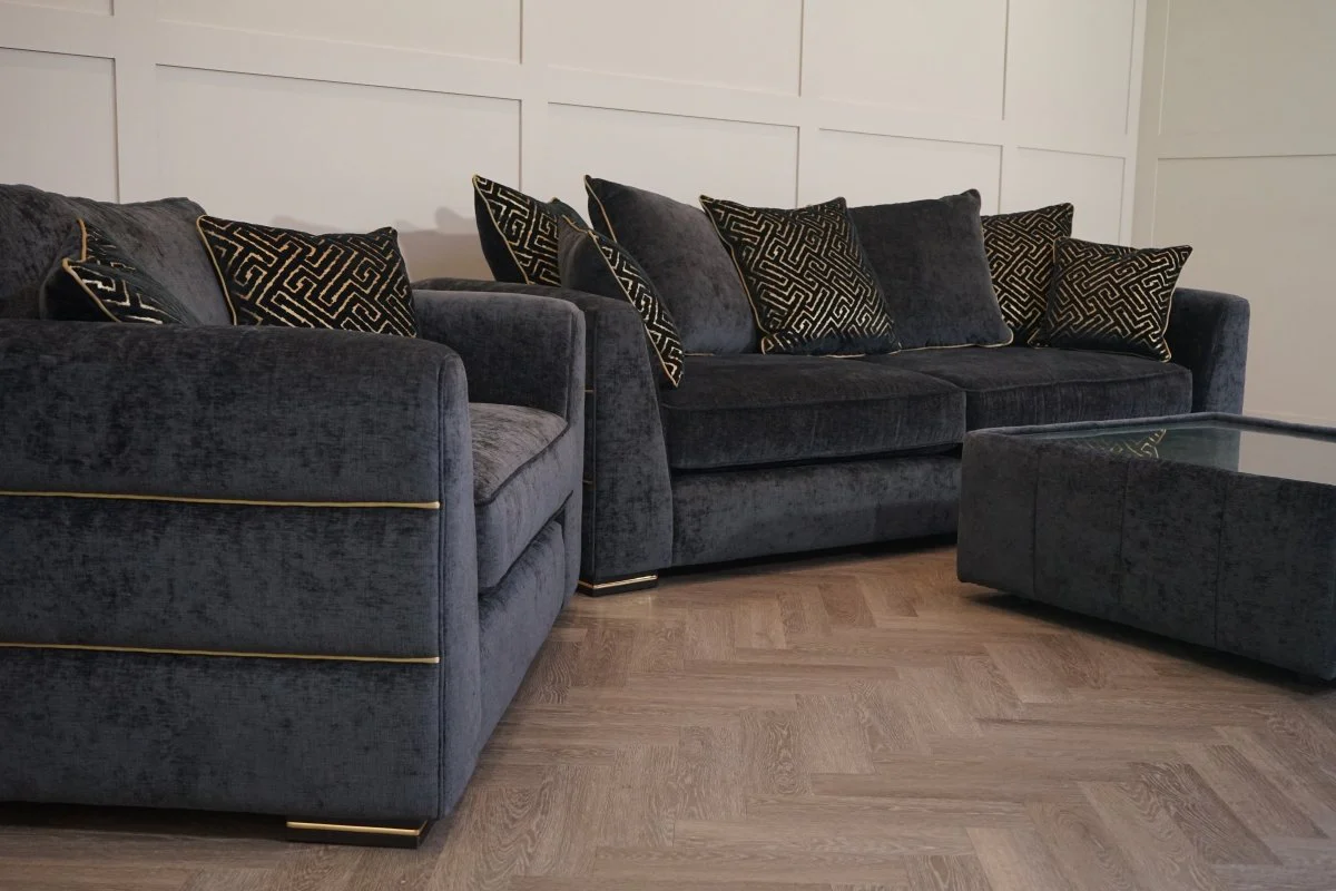 Magnifico 4 Seater Sofa & Snuggler, Black  / Gold Mix Chenille FREE Footstool - Image 12