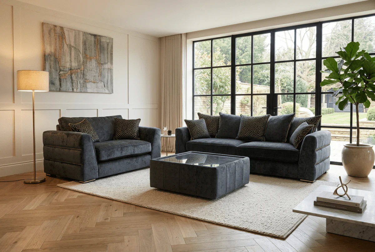 Magnifico 4 Seater Sofa & Snuggler, Black  / Gold Mix Chenille FREE Footstool - Image 2