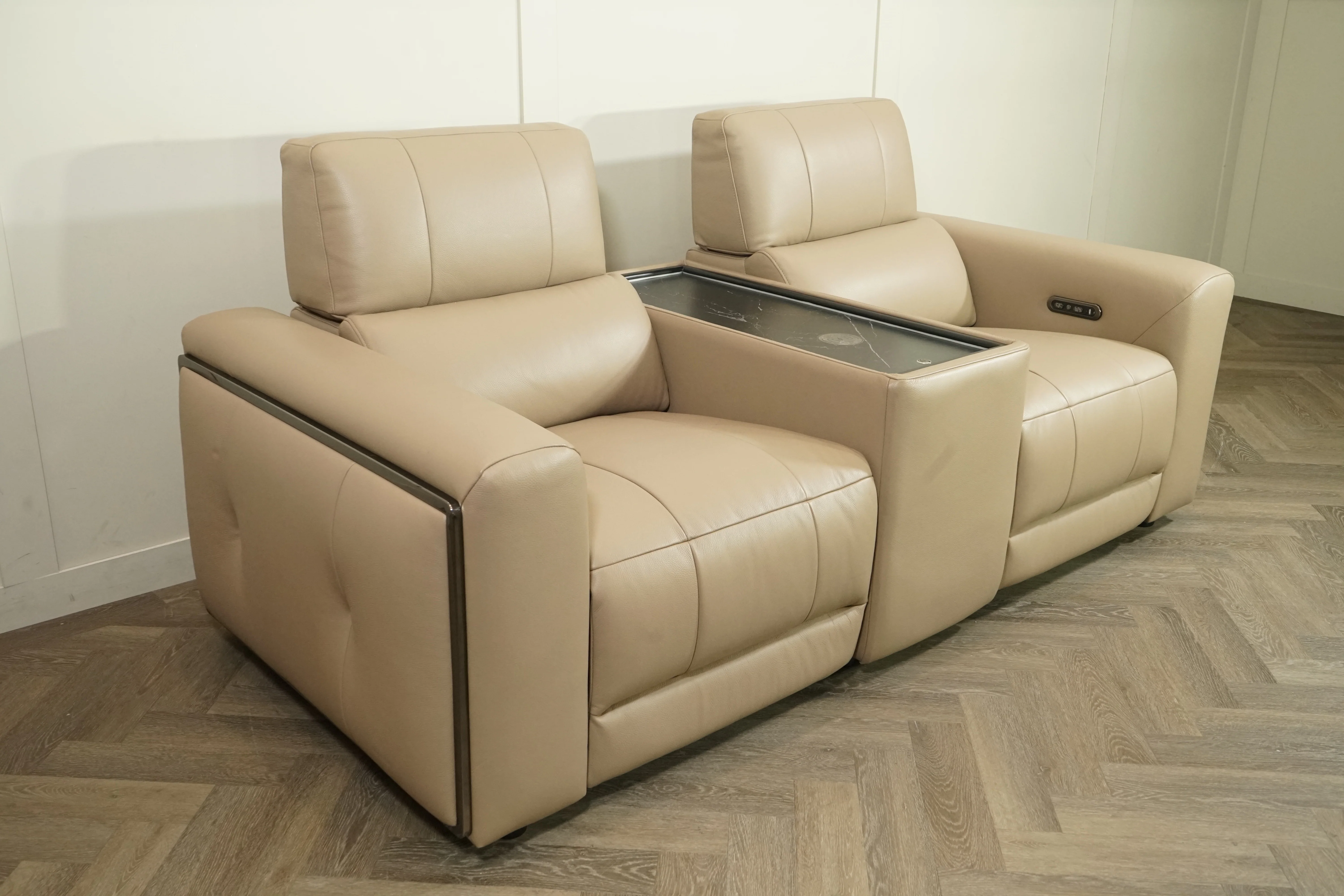Milano Leather 2 Seater Power Reclining Sofa with Console, Taupe - Image 10