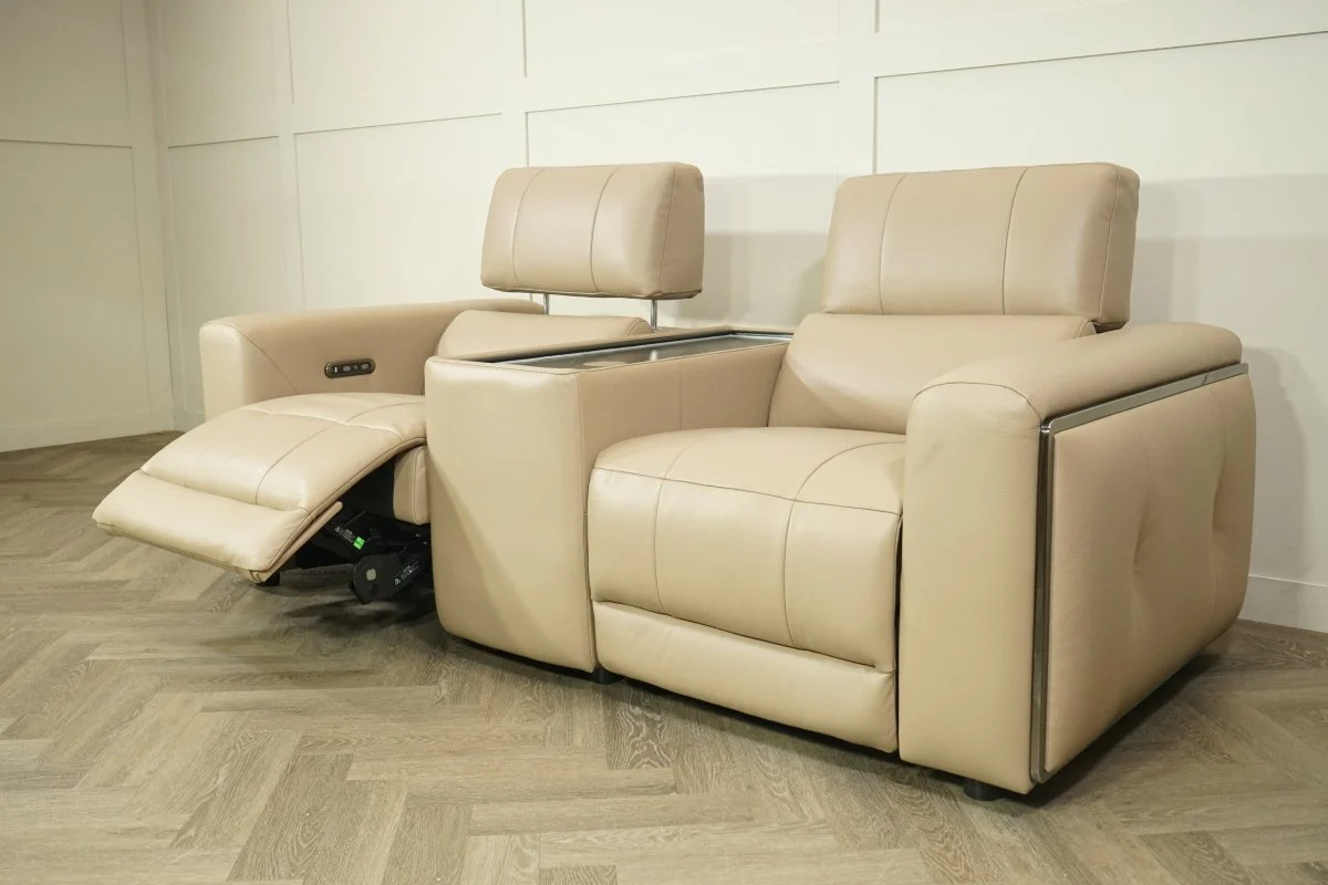 Milano Leather 2 Seater Power Reclining Sofa with Console, Taupe - Image 11