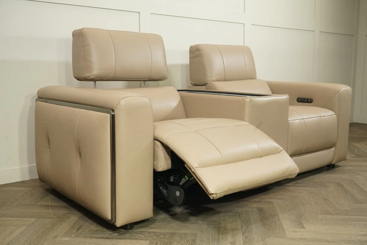 Milano Leather 2 Seater Power Reclining Sofa with Console, Taupe - Image 13