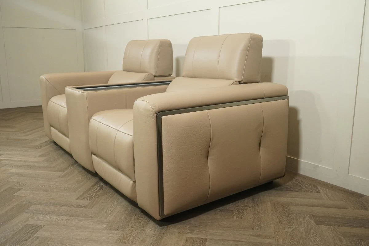 Milano Leather 2 Seater Power Reclining Sofa with Console, Taupe - Image 9
