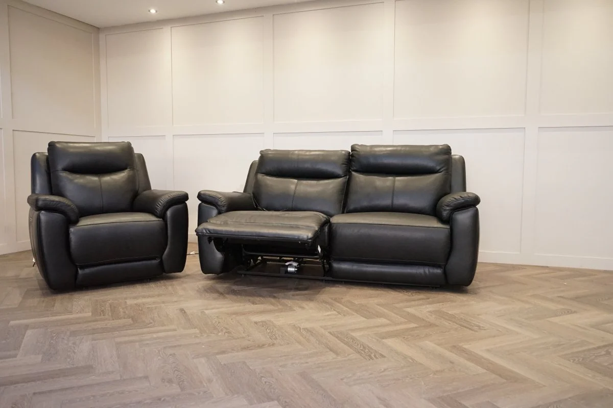 Navona 3+1 Power Recliner Leather Sofa Set, Florida Black - Image 4