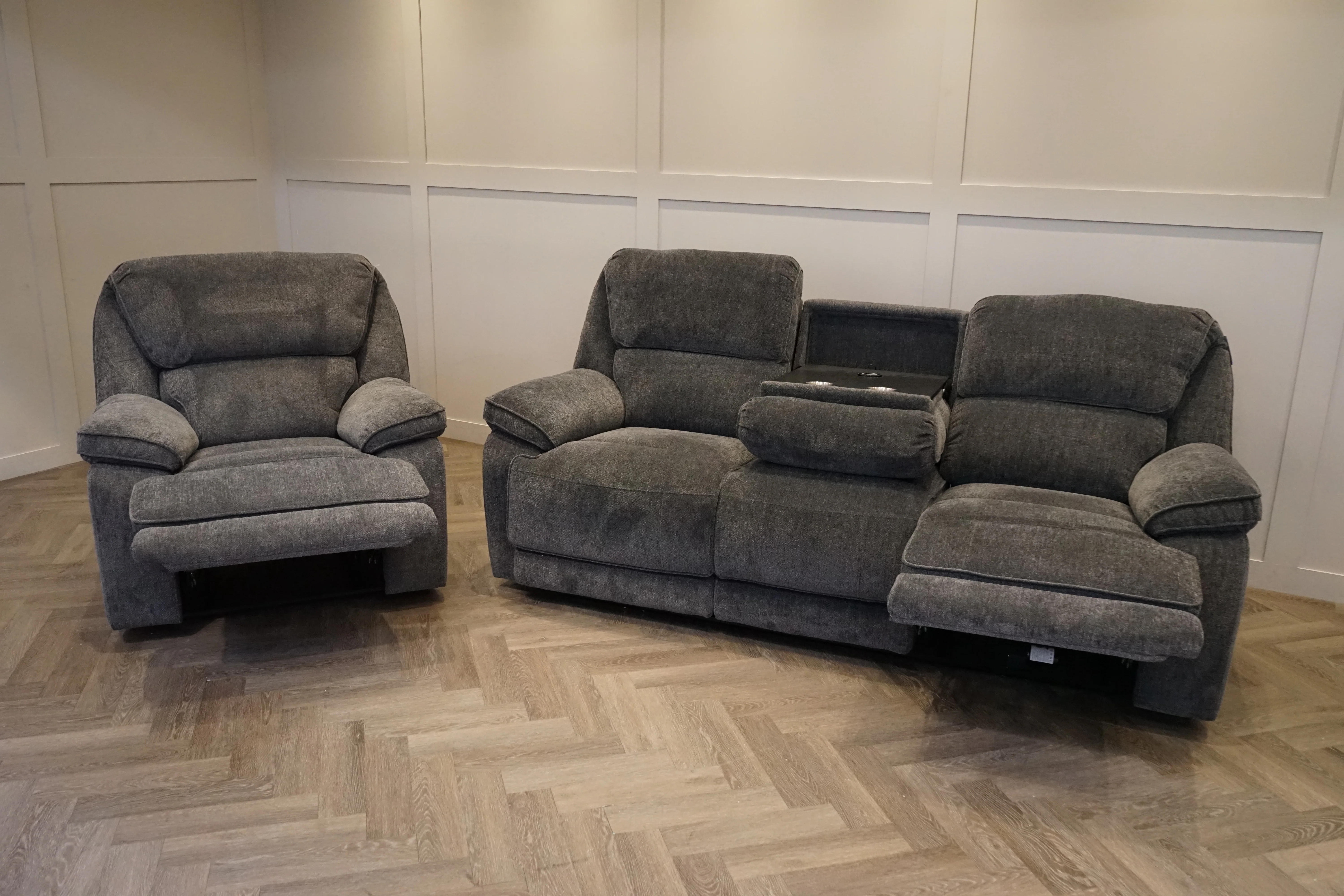 Orlando 3 Seater Sofa & Armchair, Power Recliner, Chunky Chenille Charcoal - Image 3