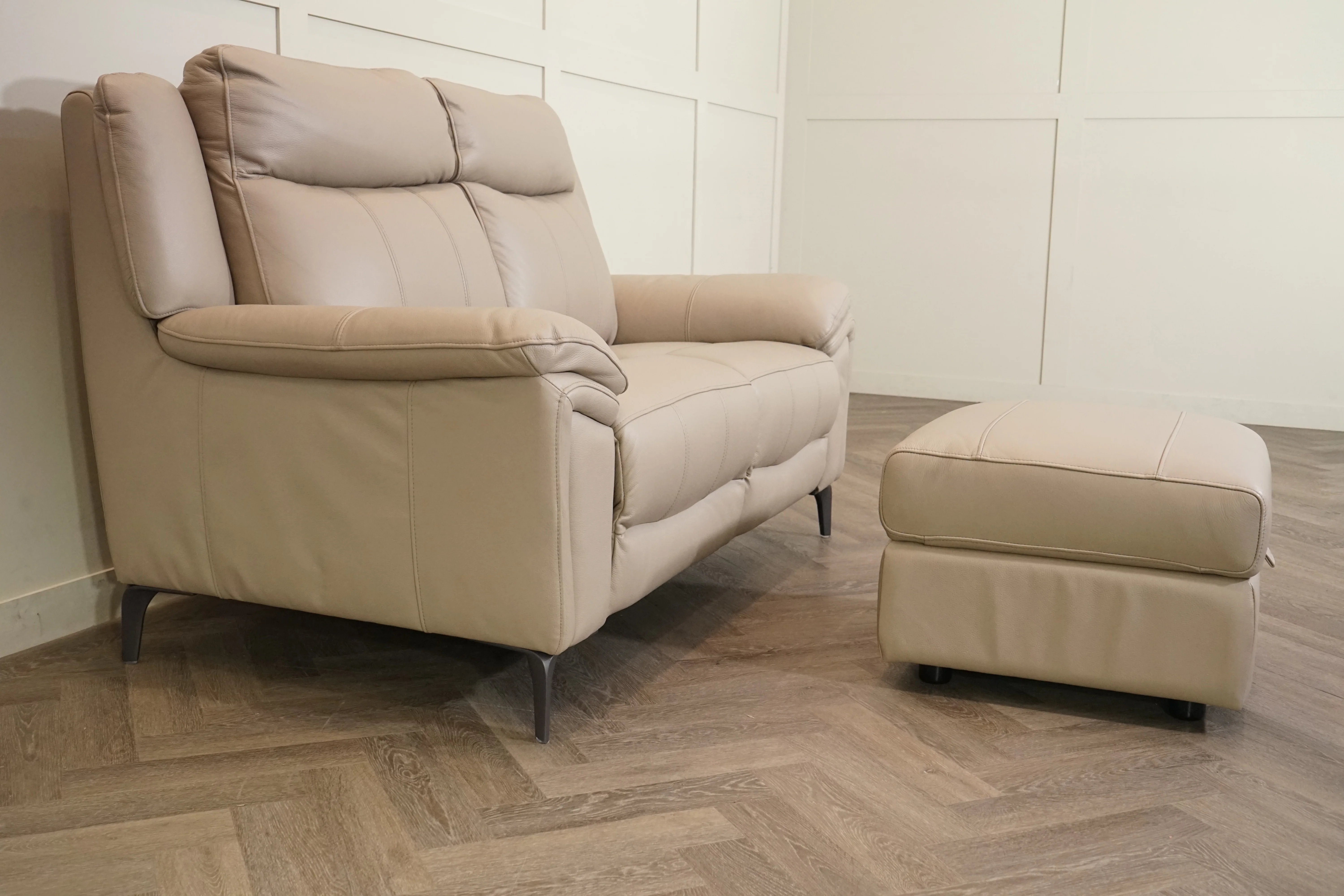 Panache Leather 2 Seater Sofa & FREE Storage Footstool, Oyster - Image 10