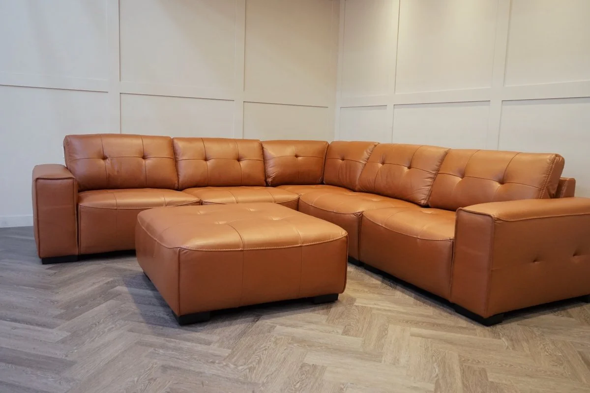 Portofino Large Modular Leather Corner Sofa & Footstool, Chestnut - Image 5