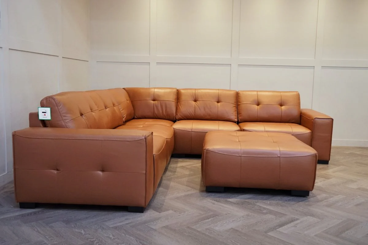 Portofino Large Modular Leather Corner Sofa & Footstool, Chestnut - Image 7